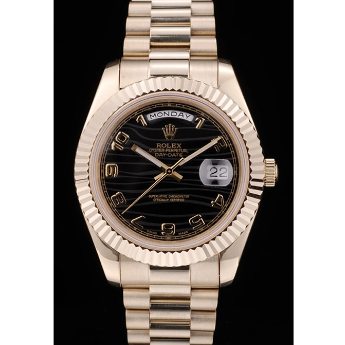 Rolex aaa copy Gold Dial DayDate Rolex Black Stainless 41998 Ribbed Steel Bezel Swiss 0709
